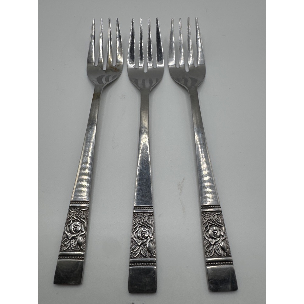 National Stainless Laureen Salad Forks Set of 3 Japan Rose Pattern Glossy 6.25"